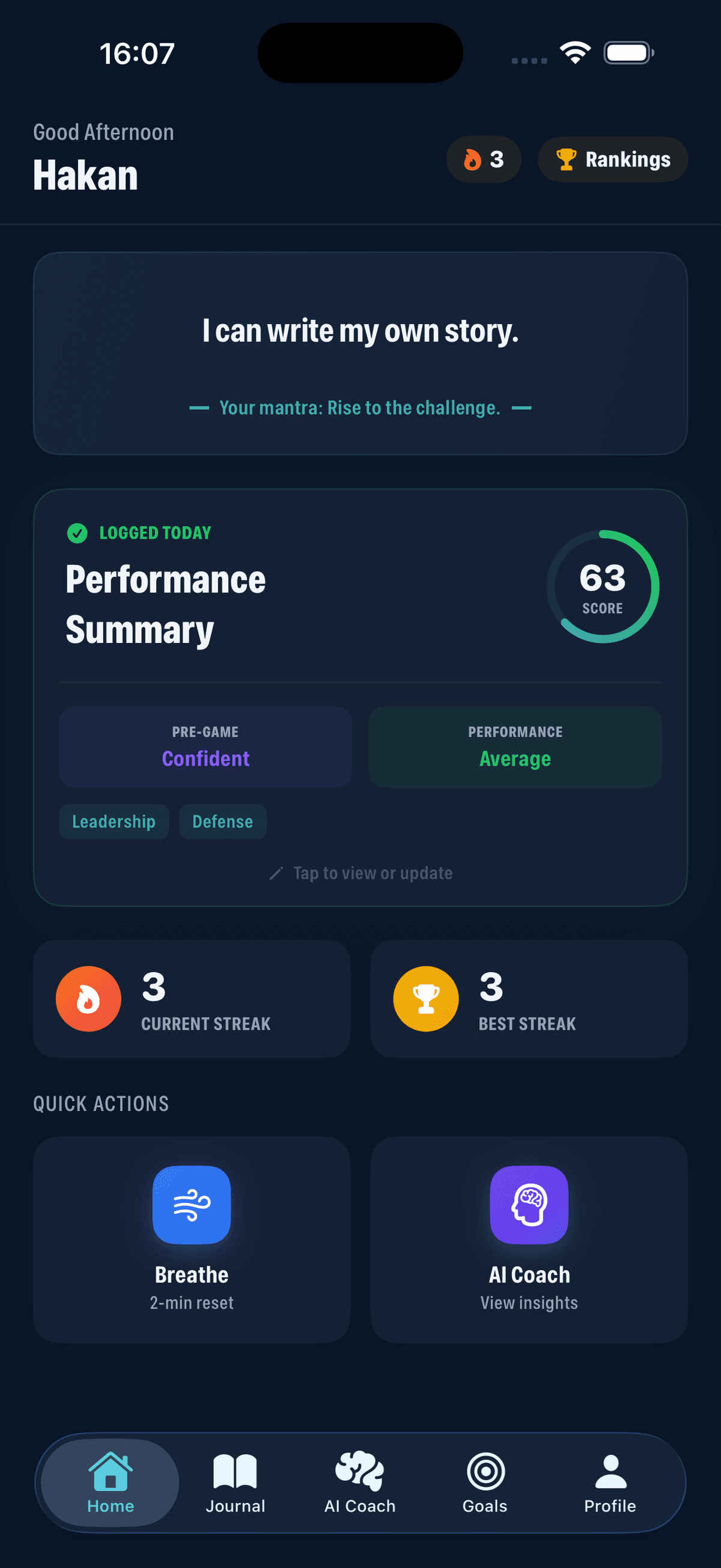 I Can app home screen showing performance summary, streak tracking, and quick actions